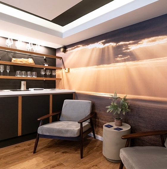 Grey Chairs and Shelving Area