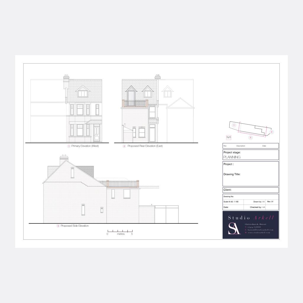Planning drawings example, elevations of victorian terrace house 