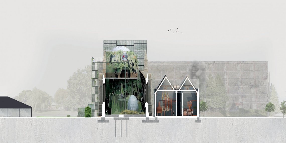 BEE.GIN distillery scheme section through botanical gardens and distillery 