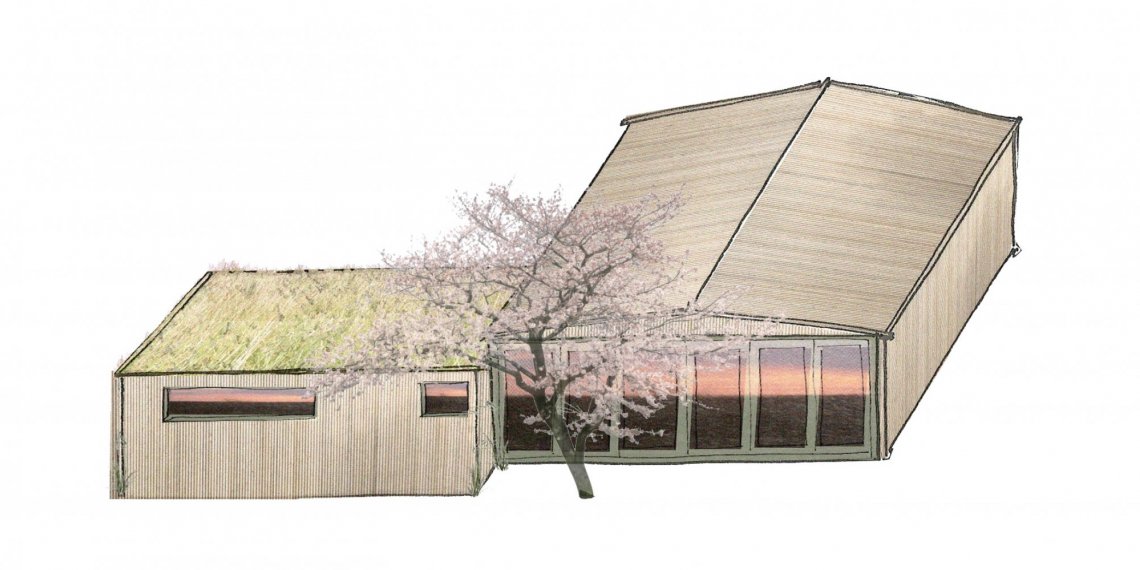 Fisherman's Hut sketch perspective, timber clad single storey dwelling