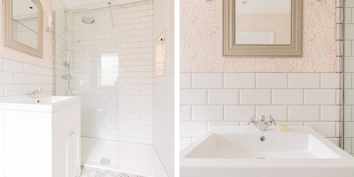 Pink and White Bathroom Shower and Sink