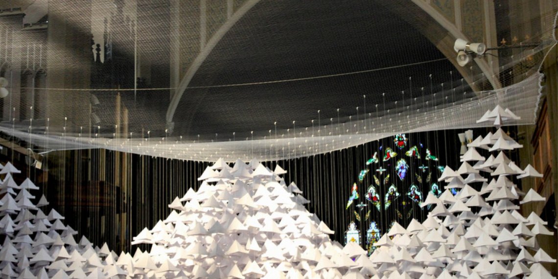Hat Installation, Stockport Manchester output. 10,000 paper hats suspended from St Marys Church