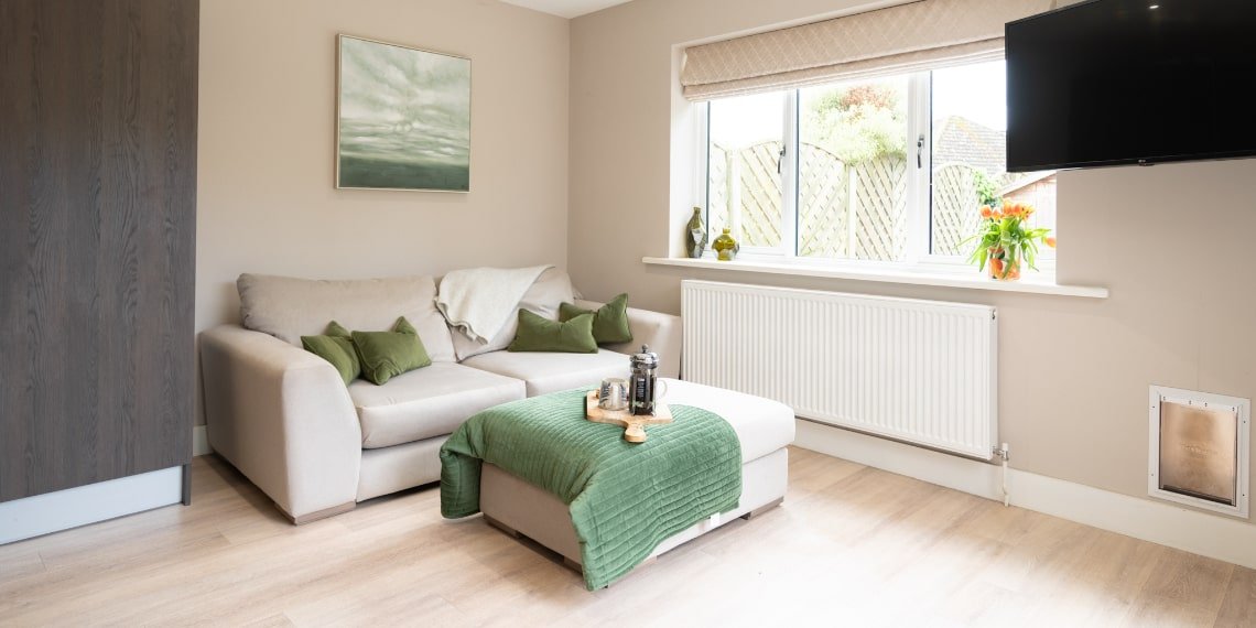 Cream and Green Open Living Room