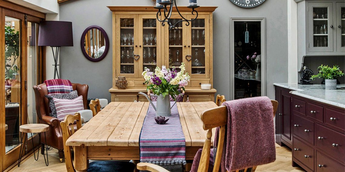Quay View Interior dining table, purple colour scheme