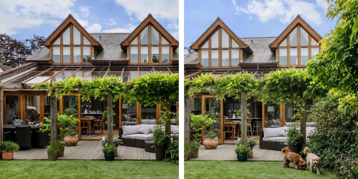 Quay View, Exterior shot onto garden with oak frame dormers 