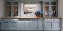 Dining room cabinetry and storage in grey blue traditional shaker style