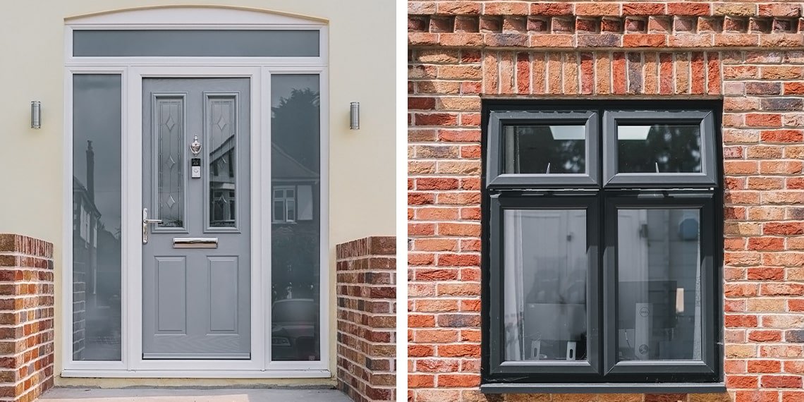 Left - new front door & porch construction. Right - decorative brick detailing