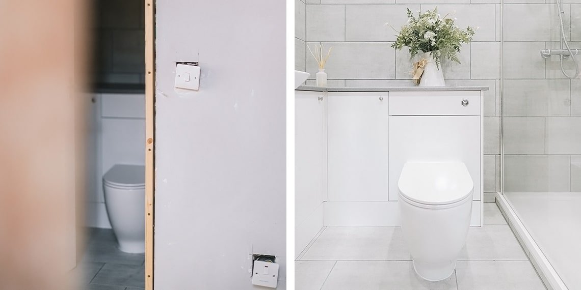 Left - Plastering and Electrics still to complete. Right - new modern downstairs shower room